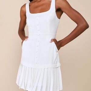 NEW - Lulus Poised And Chic White Linen Pleated Mini Dress With Pockets - Size M